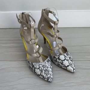 ALDO White Beige Snakeskin Sandal Heels Yellow Accent Strappy Size 8